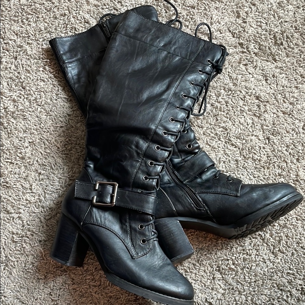 Wanted - Black Pleather Knee High Boots